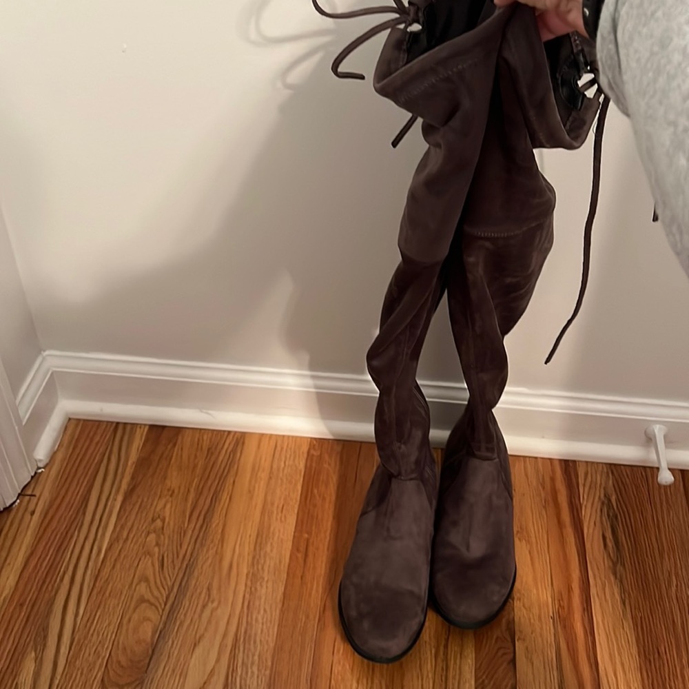 Gray thigh high boots